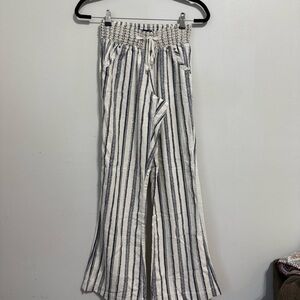 Blue Rain White and Blue Stripe Smocked Waist Linen Pull On Wide Leg Pants Sz S